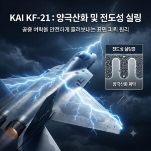 공중 벼락의 전류를 안전하게 흘려보내는 KF-21 전투기와 다공성 기공 내부에 전도성 입자가 충진된 양극산화 및 전도성 실링 피막 단면 인포그래픽