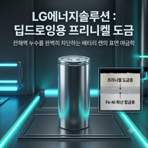 전해액 누수를 방지하는 LG에너지솔루션 4680 규격 원통형 배터리 캔과 프리니켈 도금층 및 Fe-Ni 확산 합금층 계면 단면 인포그래픽