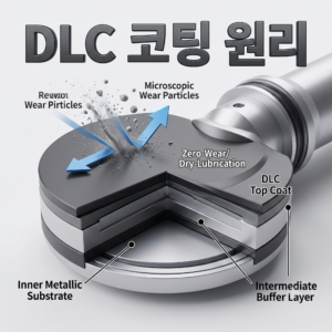 반도체 진공 장비의 미세 마모를 방지하는 다이아몬드상 카본(DLC) 코팅의 구조와 무윤활 저마찰 원리를 나타낸 3D 블로그 썸네일 이미지