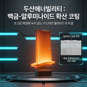 초고온 연소 화염을 견디는 두산에너빌리티 가스터빈 블레이드와 알루미나 보호 피막 및 백금-알루미나이드 확산 코팅층 단면 인포그래픽