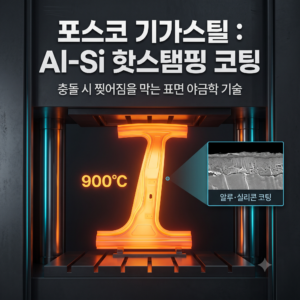 900도 고온 성형 핫스탬핑 프레스 내 붉게 가열된 포스코 기가스틸 차체 골격과 취성 파괴를 막는 알루미늄-실리콘(Al-Si) 도금 코팅 단면 인포그래픽