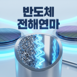 반도체 실리콘 웨이퍼 배경 위에 스테인리스 가스 배관 내부의 거친 표면과 전해연마로 거울처럼 매끄럽게 평탄화된 표면이 대비되어 나노 오염을 차단하는 원리를 보여주는 3D 그래픽 이미지