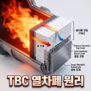 한화에어로스페이스 누리호 로켓 엔진의 초고온 화염을 차단하는 세라믹 열차폐 코팅(TBC)의 4계층 구조와 열 흐름 원리를 나타낸 3D 그래픽 썸네일