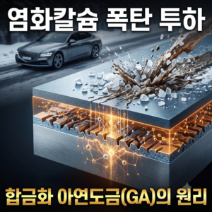 제네시스 세단 차체 하부의 염화칼슘 부식을 방어하는 합금화 용융아연도금(GA) 강판 단면 구조와 상호 확산 원리를 나타낸 3D 그래픽