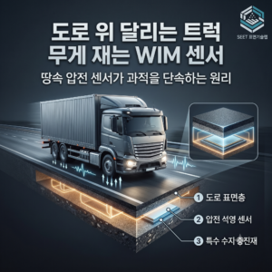 도로 위 달리는 트럭의 무게를 땅속에서 정밀하게 감지하여 과적을 단속하는 WIM 압전 센서 매설 단면 구조 모식도