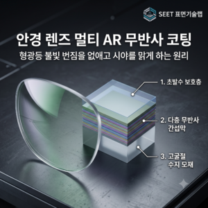 안경 렌즈 표면에 적용된 멀티 AR 무반사 코팅의 빛 파동 상쇄 간섭 나노 다층막 구조와 형광등 불빛 번짐을 차단하는 3D 단면 원리 모식도