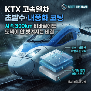 시속 300km 비바람을 견디는 KTX 고속열차 앞코의 불소 하이브리드 다층 도장 층상 구조와 초발수 내풍화 원리 인포그래픽