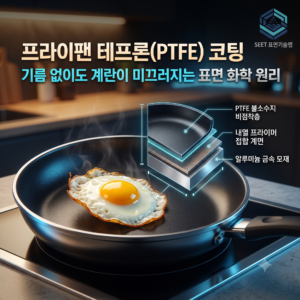 프라이팬 알루미늄 모재 위 테프론 PTFE 비점착 코팅 층상 구조와 불소-탄소 결합의 초저 표면 에너지 원리 인포그래픽