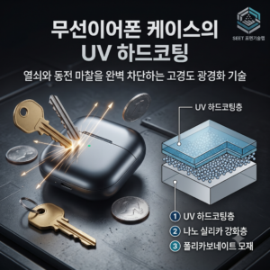 무선이어폰 케이스 표면에 적용된 UV 하드코팅의 고경도 분자 가교 구조와 열쇠 및 동전 마찰 스크래치를 방지하는 3D 단면 원리 모식도