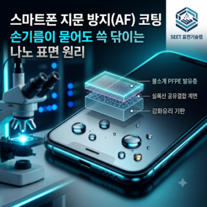 스마트폰 터치스크린 커버글라스의 지문 방지 AF 코팅 층상 구조와 불소계 자기조립단분자막의 발수 발유 원리 인포그래픽
