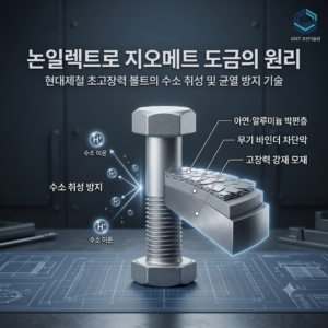 현대제철 초고장력 볼트의 수소 취성과 미세 균열을 막는 논일렉트로 지오메트 도금의 미로형 아연 알루미늄 박편 구조 단면 모식도