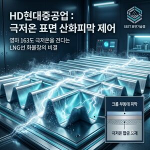 영하 163도 극저온을 견디는 HD현대중공업 LNG선 화물창 멤브레인 패널과 크롬 부동태 피막 단면 인포그래픽 및 SEET 표면기술랩 워터마크