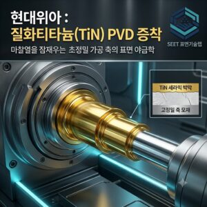 마찰열을 저감하는 현대위아 공작기계 초정밀 가공 축과 금빛 TiN 세라믹 박막 및 고정밀 축 모재 단면 인포그래픽과 SEET 표면기술랩 워터마크